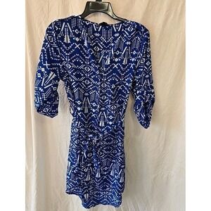 Fate Blue Geometric Aztec Lightweight Flowy Dress Tie Button-Up Roll Sleeve Sm